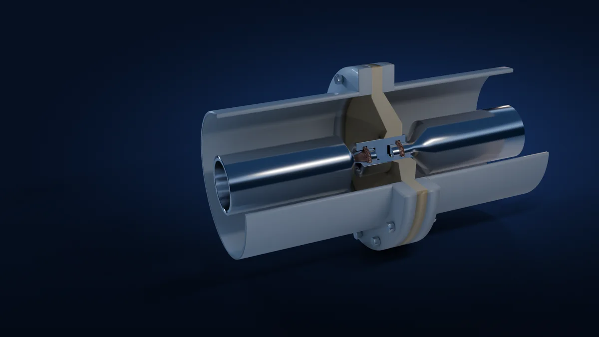 Cutaway of a gas-insulated switchgear bus section: cone-type epoxy spacer, centre contact insert and conductors joined by canted spring contact rings