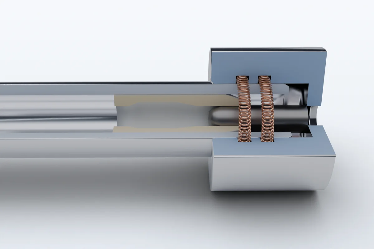 Section through a circuit-breaker contact system with main contact spring rings, arcing contact pin and PTFE nozzle